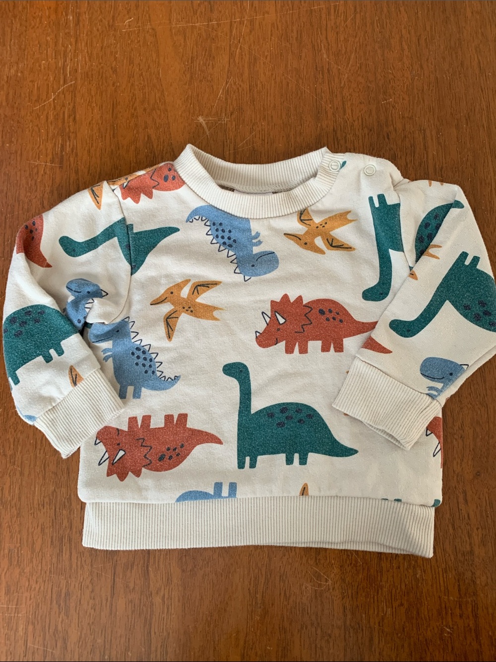 🍓3/$10 Bon Bebe Cream Sweatshirt with Teal, Rust, Blue & Mustard Dinosaurs